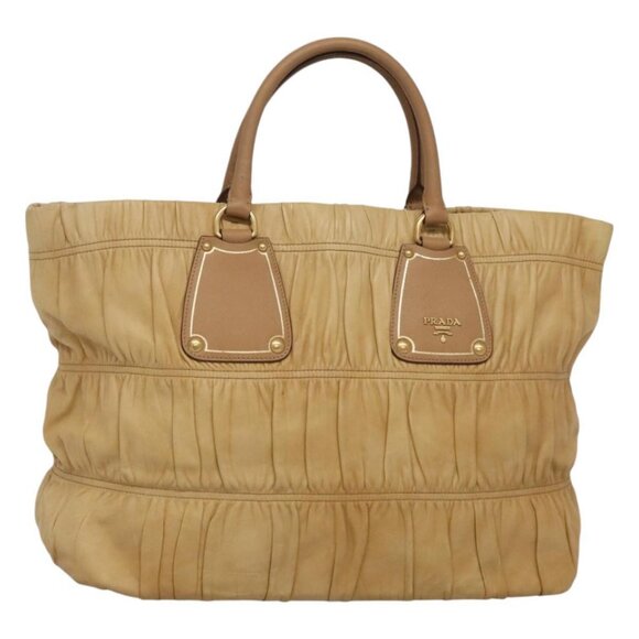 PRADA Gathered Tote Bag Leather Beige Gold Auth ki5670 - Picture 1 of 16